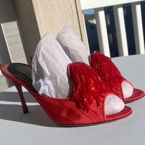 TABITHA SIMMONS Pammy Mule Sandals In Red Satin-Sz 38.5-US 8.5